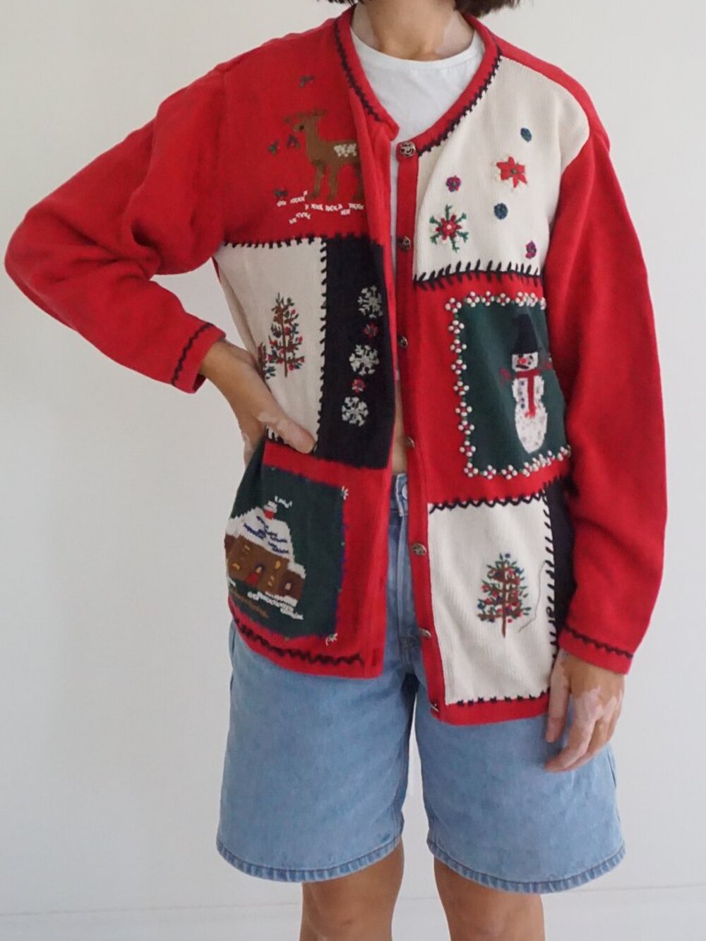 Vintage Tabi Red Knit Reindeer Snowman Snowflake Christmas Trees Cardigan XL